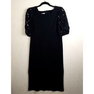 Leslie Fay Women's 10 Black Sequined Puff Sleeve Knit sweater Dress VNTG USA